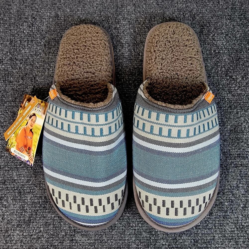 NWT Feelgoodz Handmade Sherpa Slippers Mens 8-9 Blue Cozy Artisan Woven Mule